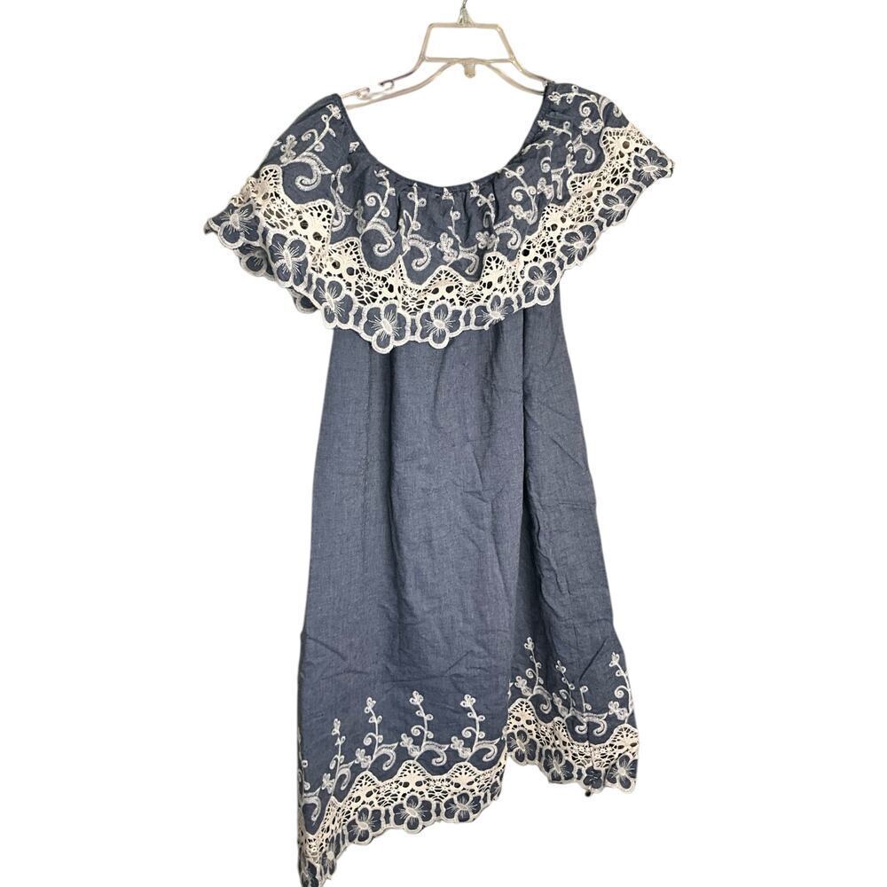 KAKTUS 2 Way‎ Shift Dress Floral Embroidered Cotton Denim/Off White Size L NWT